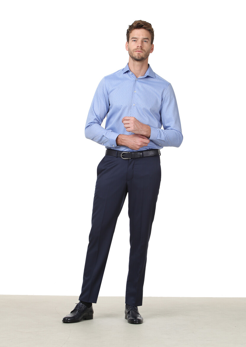 Mavi Baskılı Regular Fit Uzun Dokuma Klasik %100 Pamuk Gömlek 
