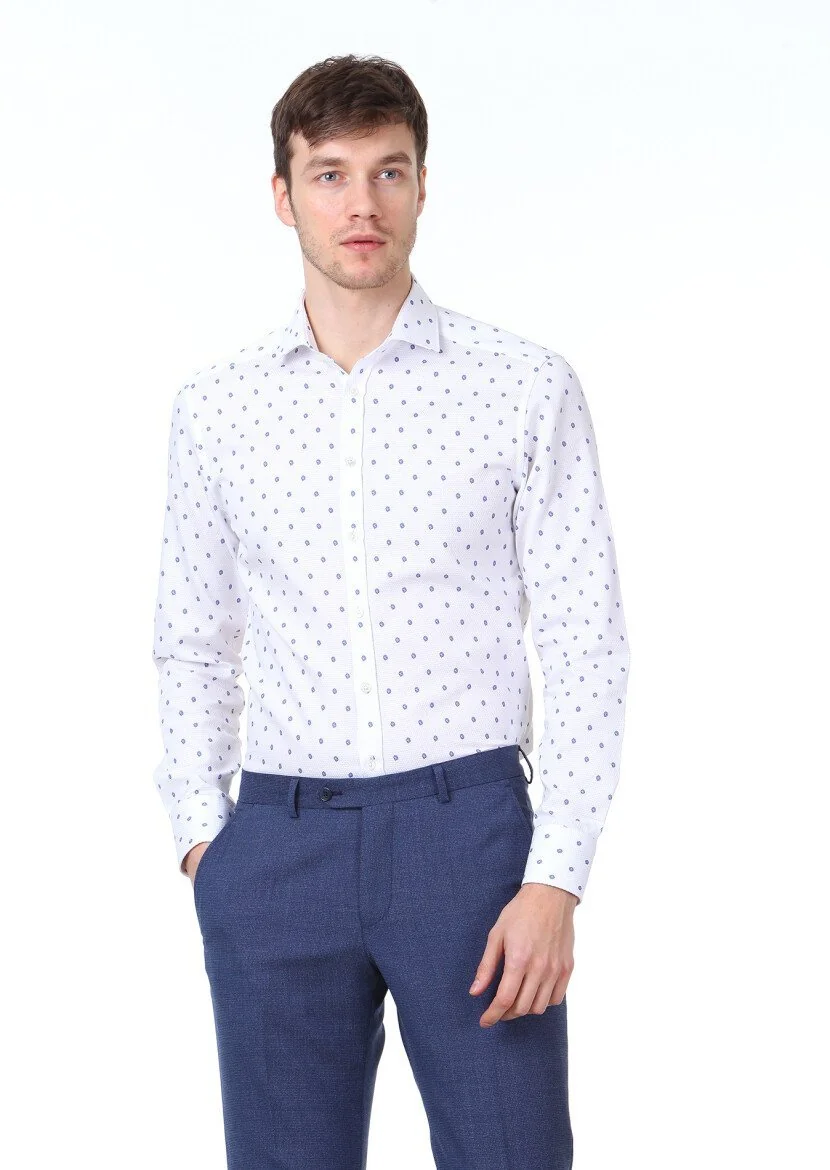 Mavi Baskılı Slim Fit Dokuma Klasik %100 Pamuk Gömlek - 1