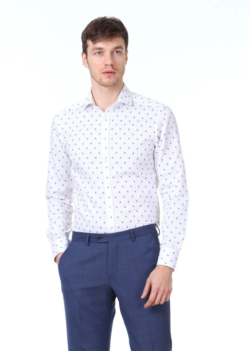 Mavi Baskılı Slim Fit Dokuma Klasik %100 Pamuk Gömlek - 1