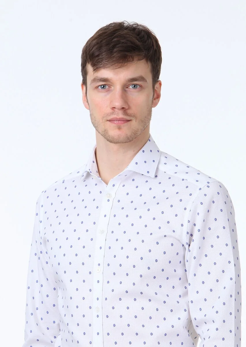 Mavi Baskılı Slim Fit Dokuma Klasik %100 Pamuk Gömlek - 3