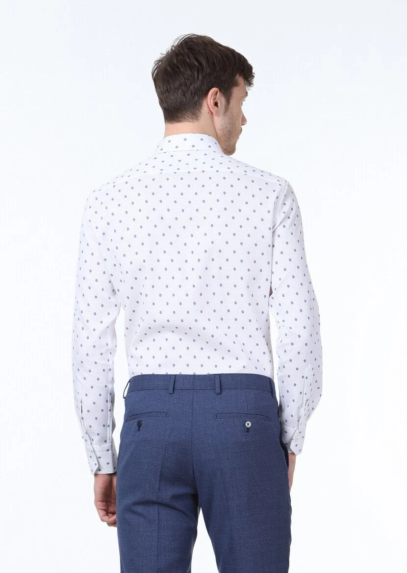 Mavi Baskılı Slim Fit Dokuma Klasik %100 Pamuk Gömlek - 4