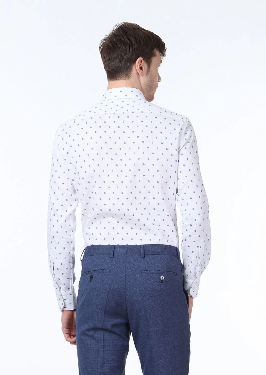 Mavi Baskılı Slim Fit Dokuma Klasik %100 Pamuk Gömlek - 4