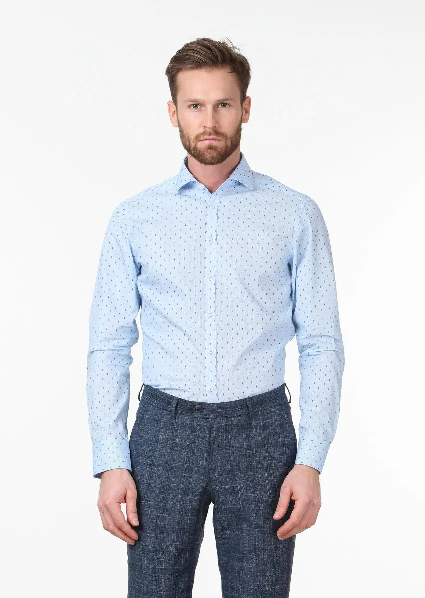 Mavi Baskılı Slim Fit Dokuma Klasik %100 Pamuk Gömlek - 1
