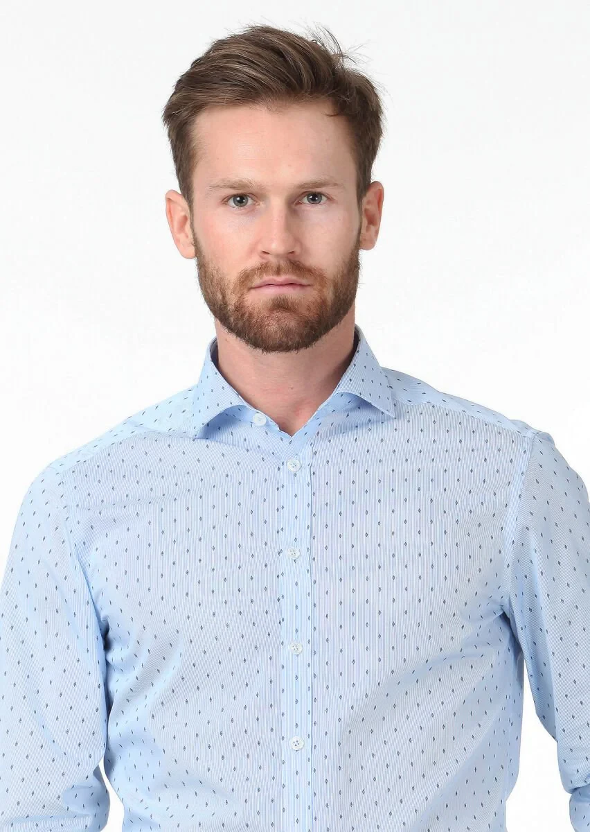 Mavi Baskılı Slim Fit Dokuma Klasik %100 Pamuk Gömlek - 3