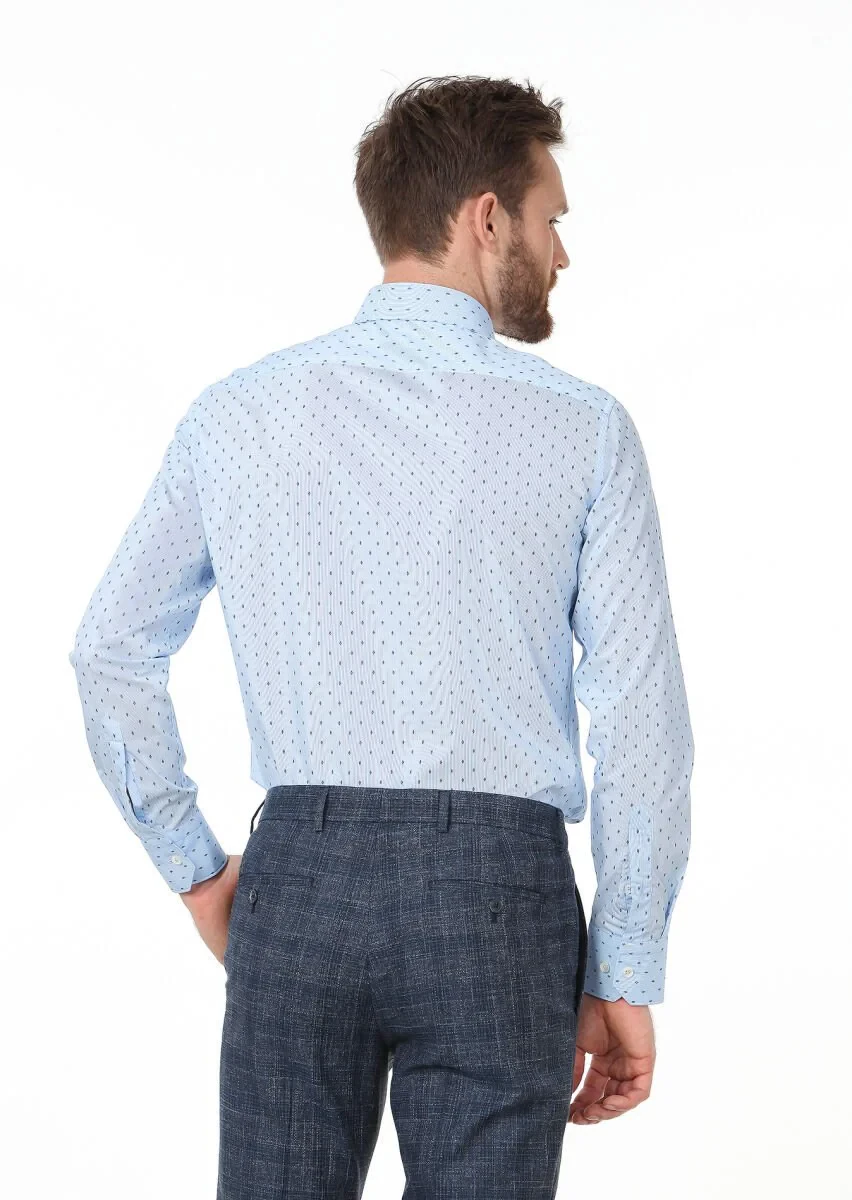 Mavi Baskılı Slim Fit Dokuma Klasik %100 Pamuk Gömlek - 4