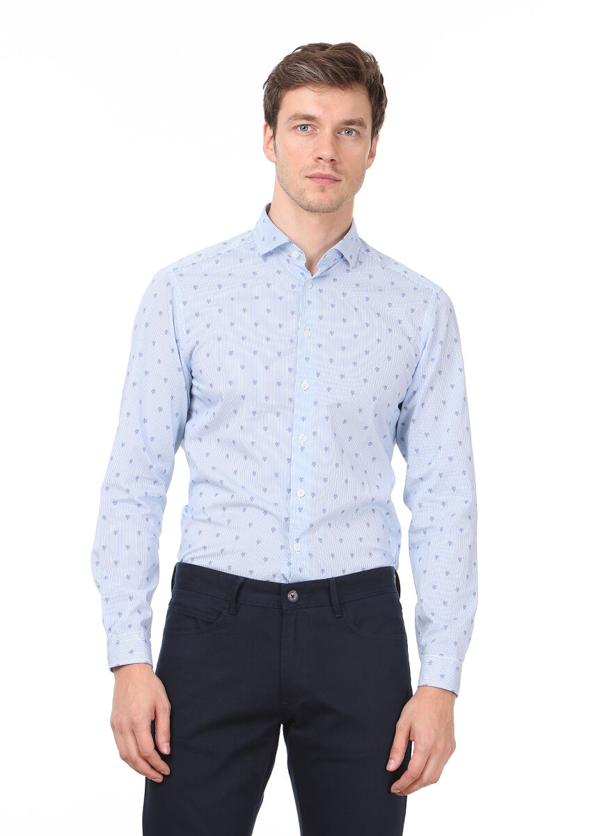 Mavi Baskılı Slim Fit Uzun Dokuma Casual %100 Pamuk Gömlek - 1
