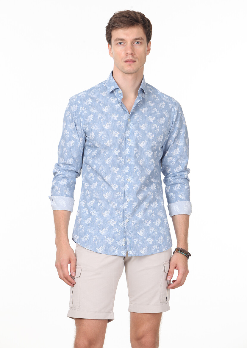 Mavi Baskılı Slim Fit Uzun Dokuma Casual %100 Pamuk Gömlek - 1
