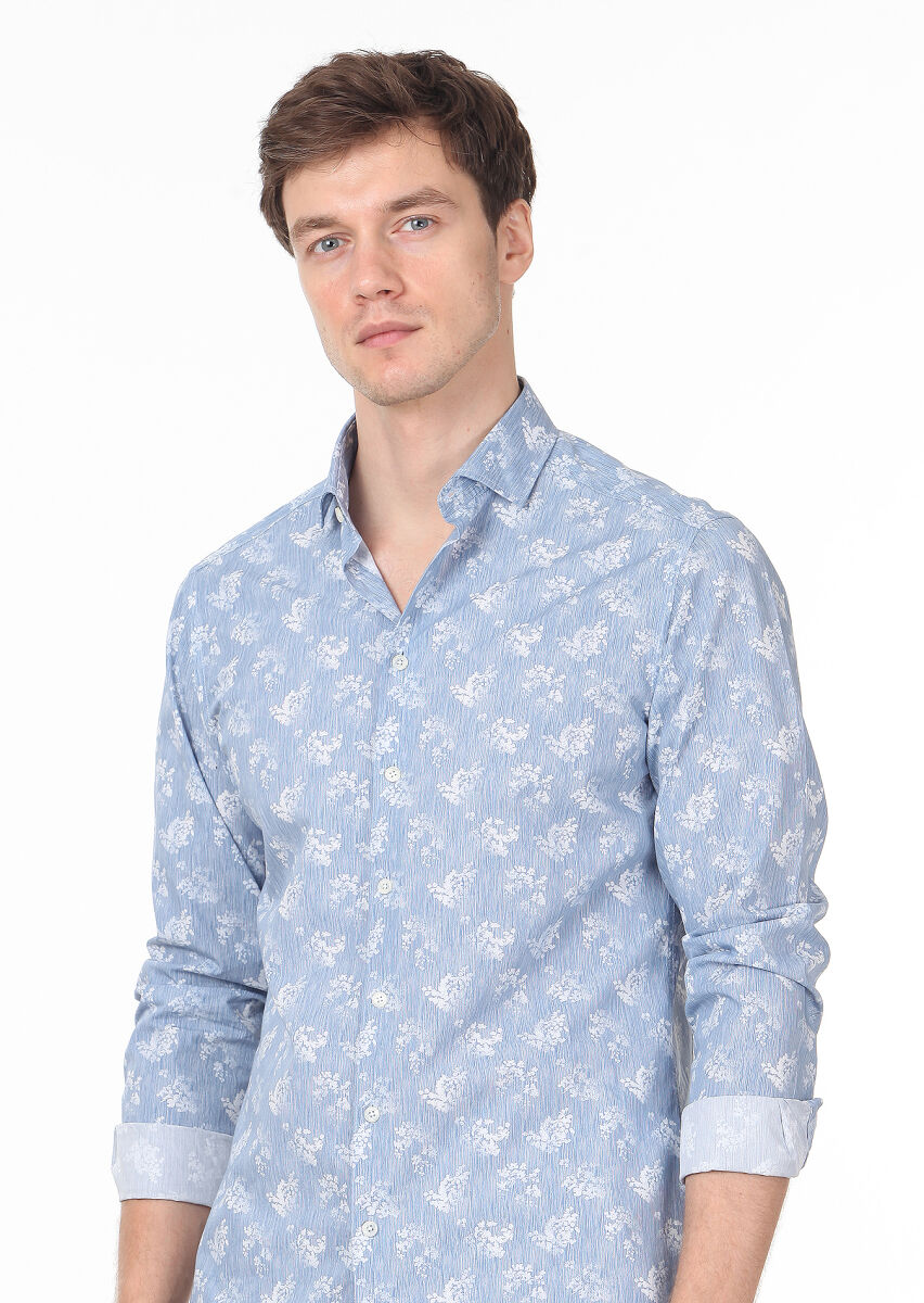 Mavi Baskılı Slim Fit Uzun Dokuma Casual %100 Pamuk Gömlek - 2