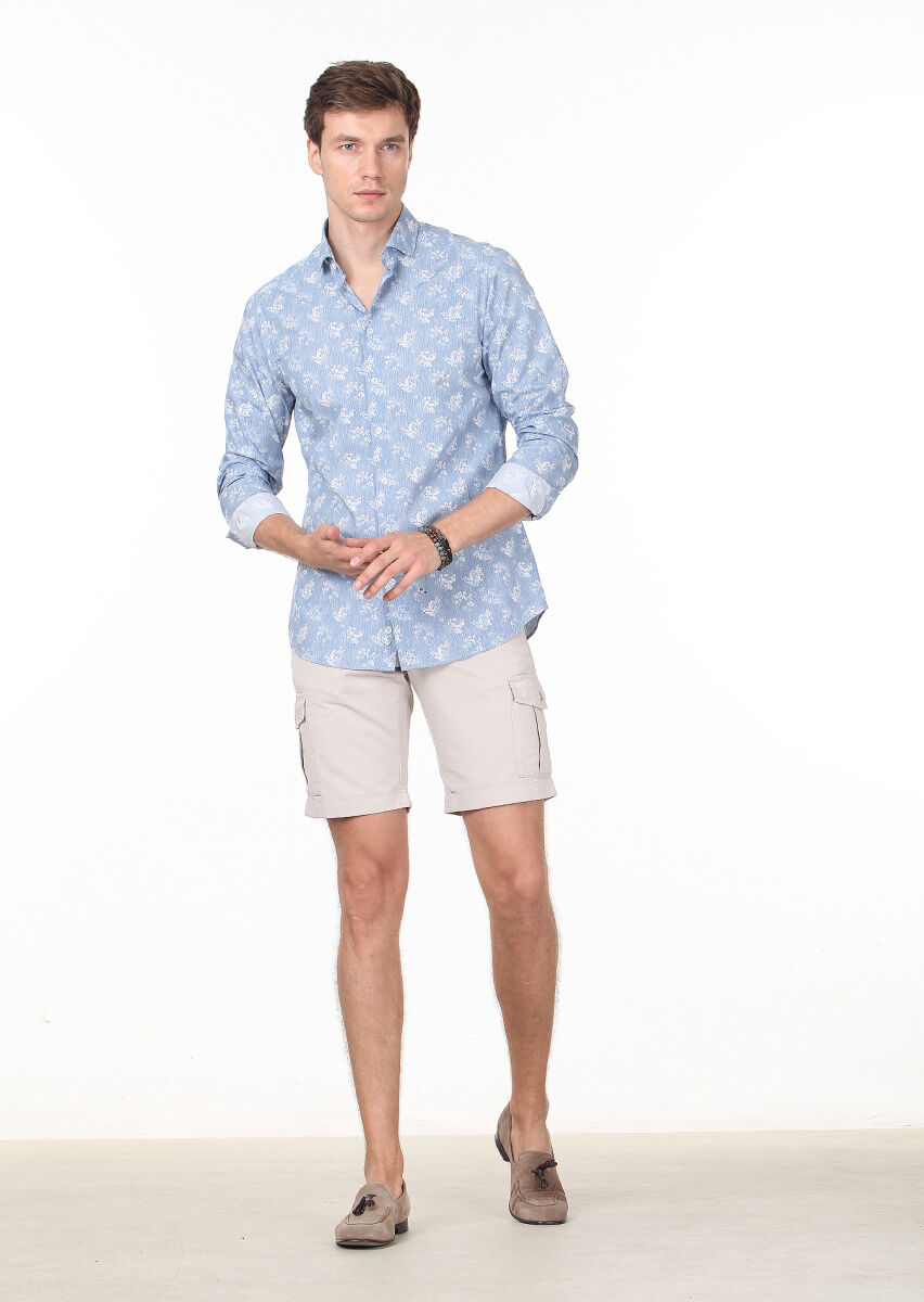 Mavi Baskılı Slim Fit Uzun Dokuma Casual %100 Pamuk Gömlek - 3