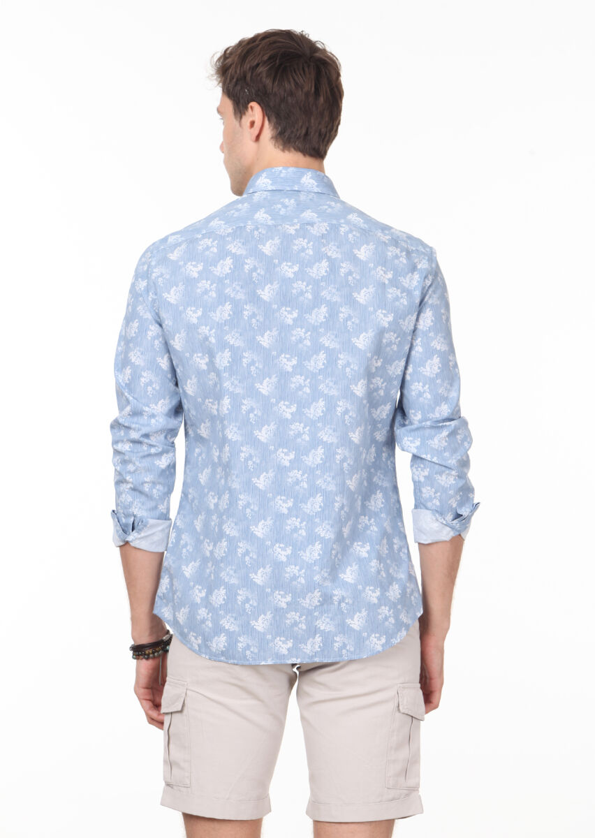 Mavi Baskılı Slim Fit Uzun Dokuma Casual %100 Pamuk Gömlek - 4