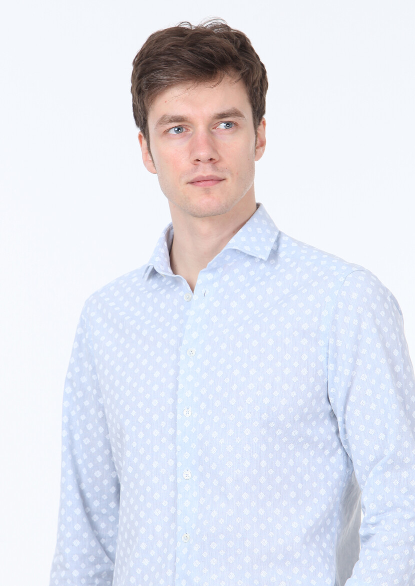 Mavi Baskılı Slim Fit Uzun Dokuma Casual Pamuk Karışımlı Gömlek - 3