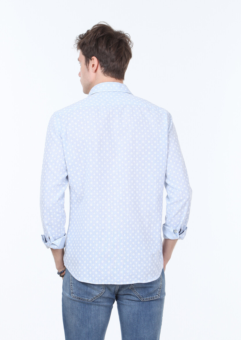 Mavi Baskılı Slim Fit Uzun Dokuma Casual Pamuk Karışımlı Gömlek - 4