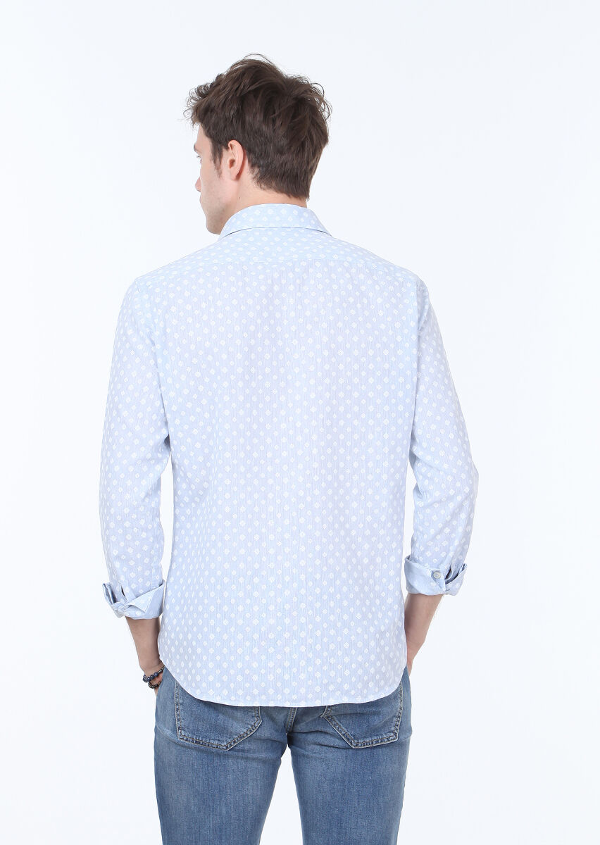 Mavi Baskılı Slim Fit Uzun Dokuma Casual Pamuk Karışımlı Gömlek - 4