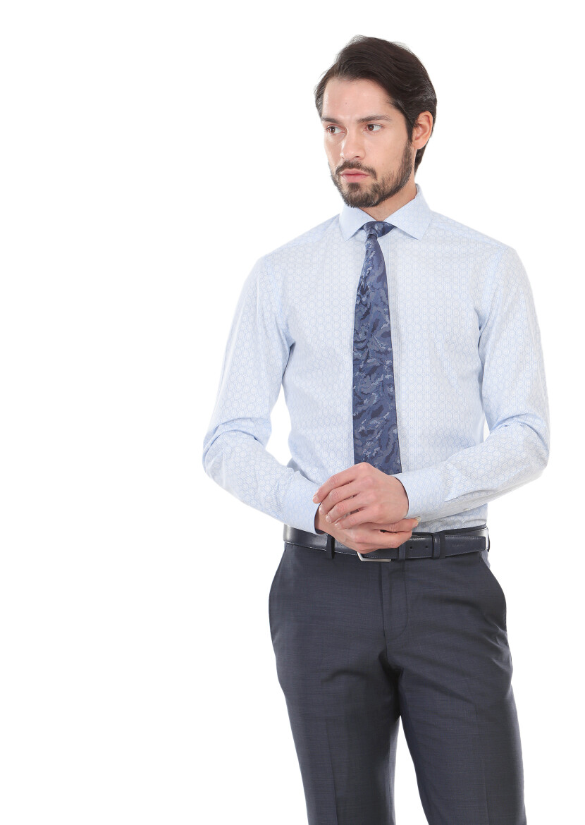 Mavi Baskılı Slim Fit Uzun Dokuma Klasik %100 Pamuk Gömlek 