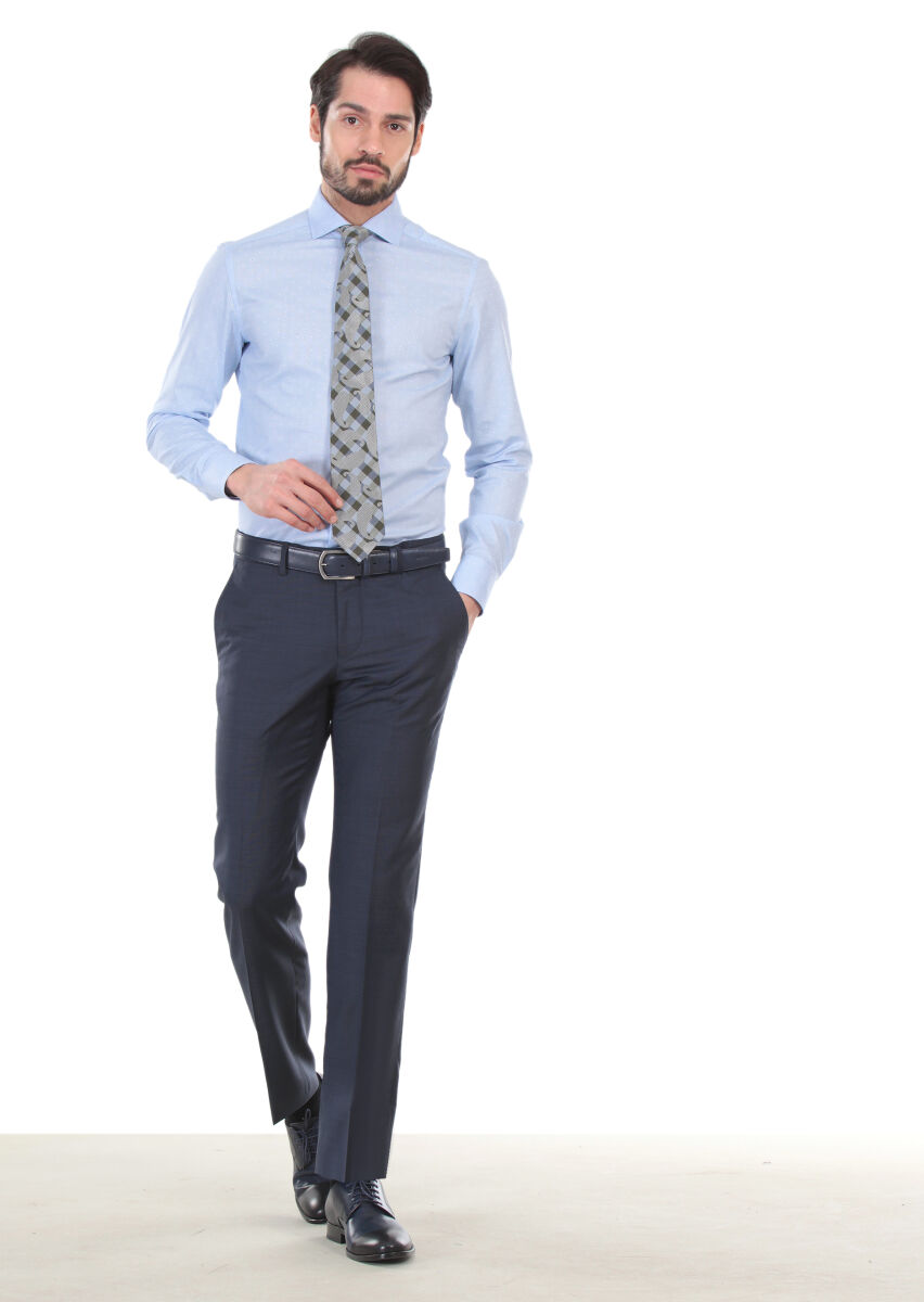 Mavi Baskılı Slim Fit Uzun Dokuma Klasik %100 Pamuk Gömlek - 1