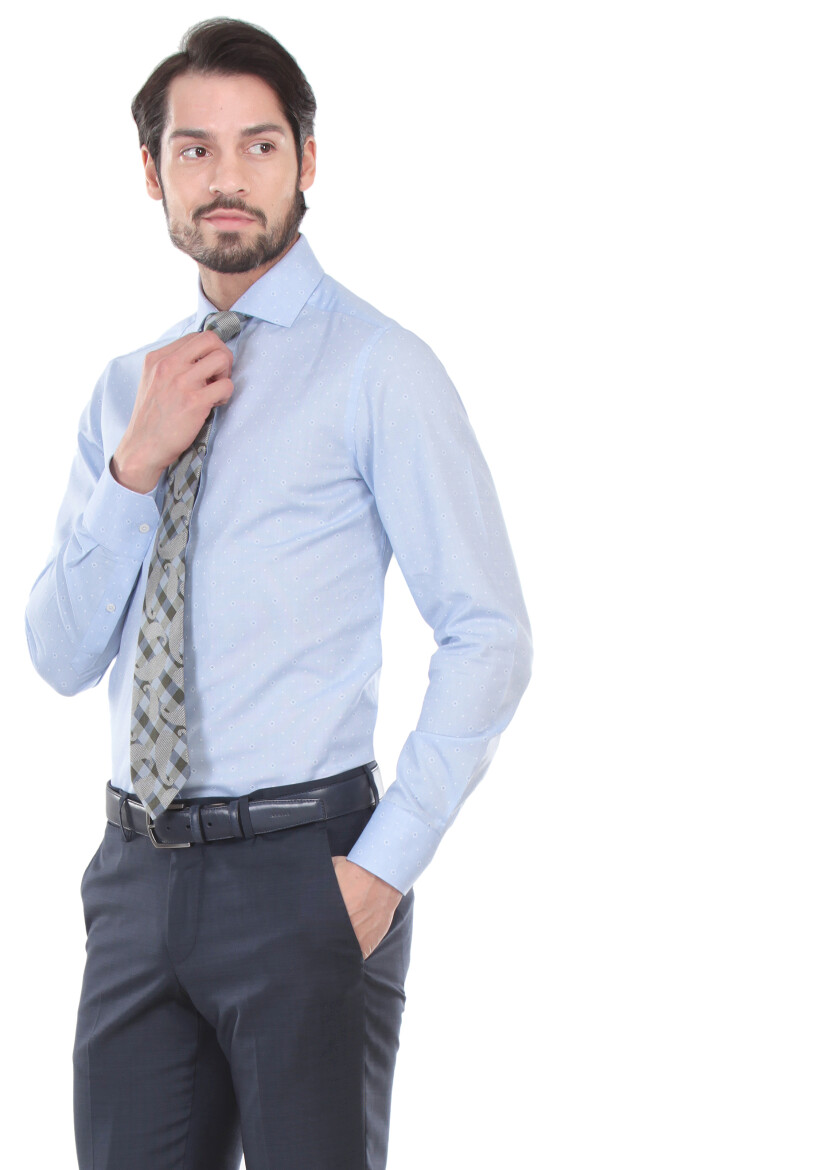 Mavi Baskılı Slim Fit Uzun Dokuma Klasik %100 Pamuk Gömlek - 4