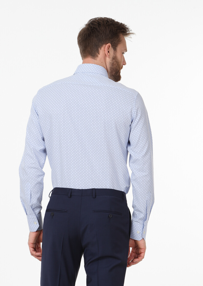 Mavi Baskılı Slim Fit Uzun Dokuma Klasik %100 Pamuk Gömlek - 3