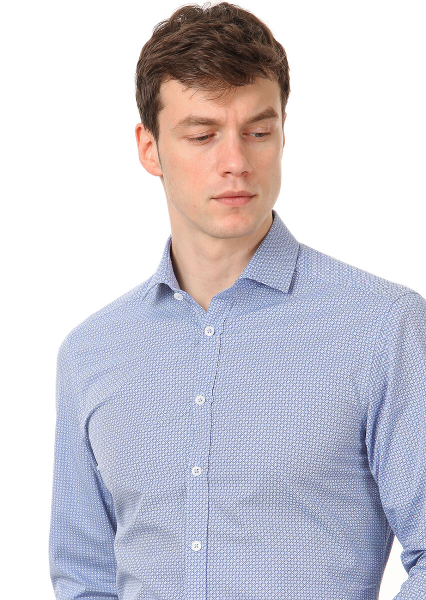 Mavi Baskılı Slim Fit Uzun Dokuma Klasik %100 Pamuk Gömlek - 2