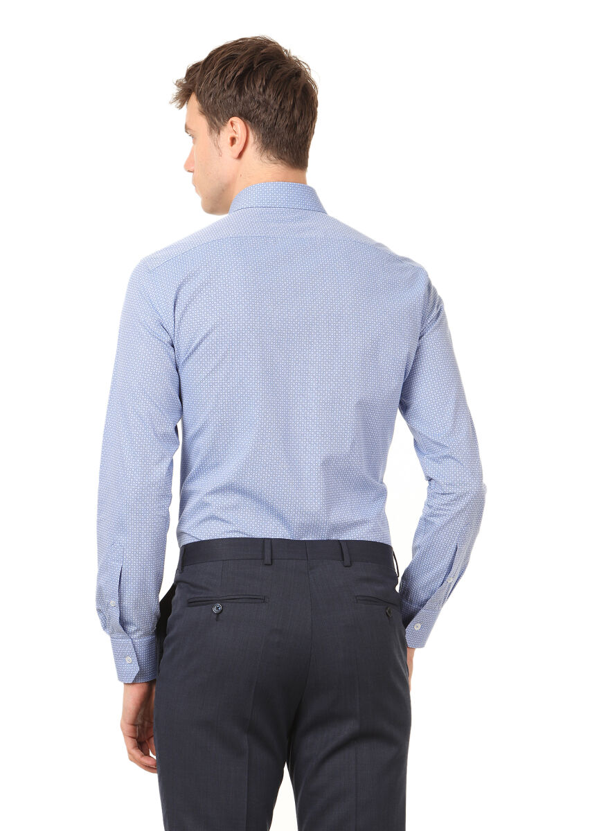 Mavi Baskılı Slim Fit Uzun Dokuma Klasik %100 Pamuk Gömlek - 4