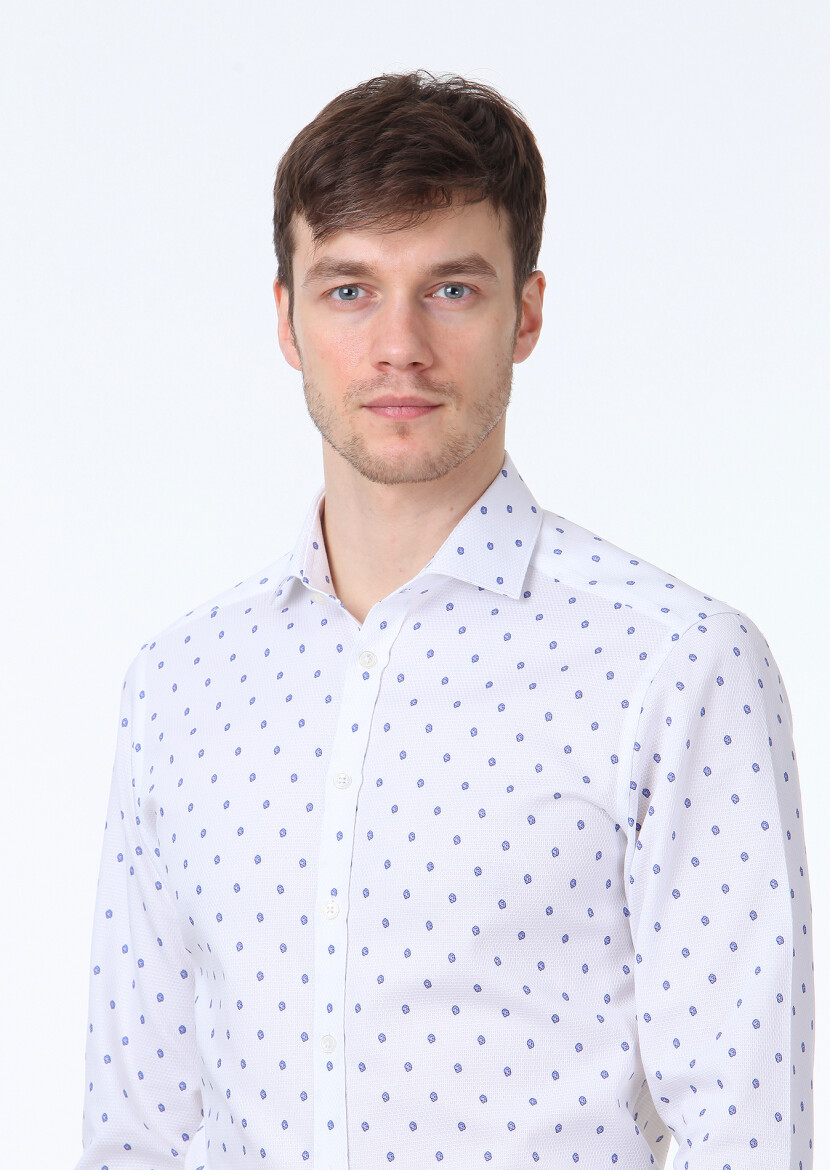Mavi Baskılı Slim Fit Uzun Dokuma Klasik %100 Pamuk Gömlek - 3