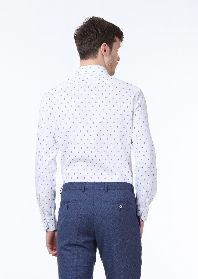 Mavi Baskılı Slim Fit Uzun Dokuma Klasik %100 Pamuk Gömlek - 4