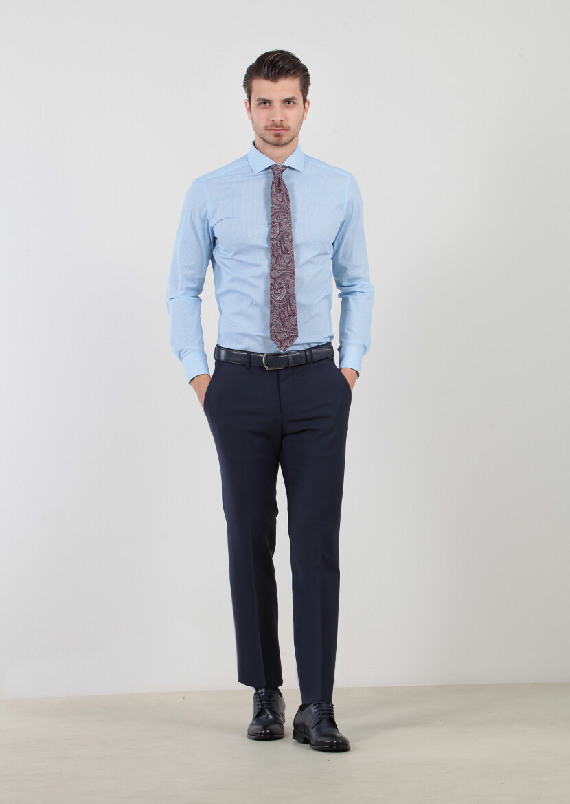 Mavi Baskılı Slim Fit Uzun Dokuma Klasik Pamuk Karışımlı Gömlek - 1