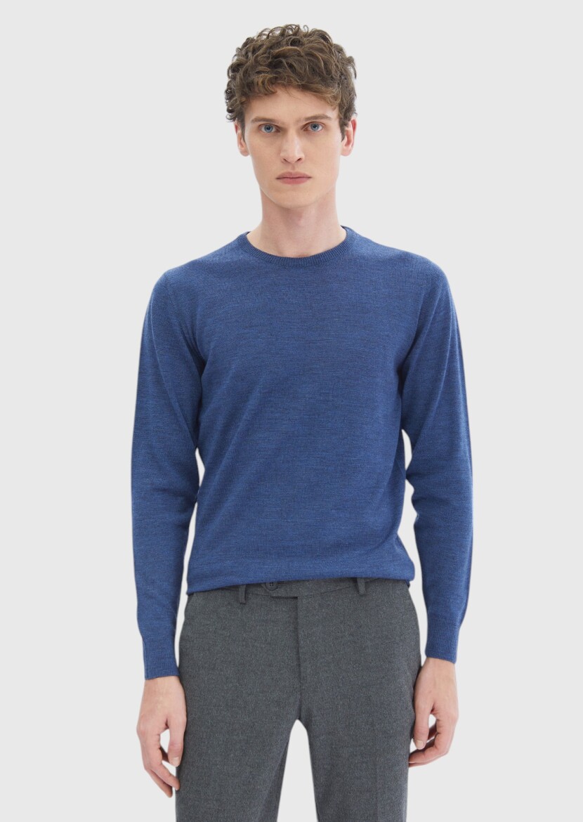 Mavi Bisiklet Yaka Düz Örgü %100 Yün Triko Kazak - 1