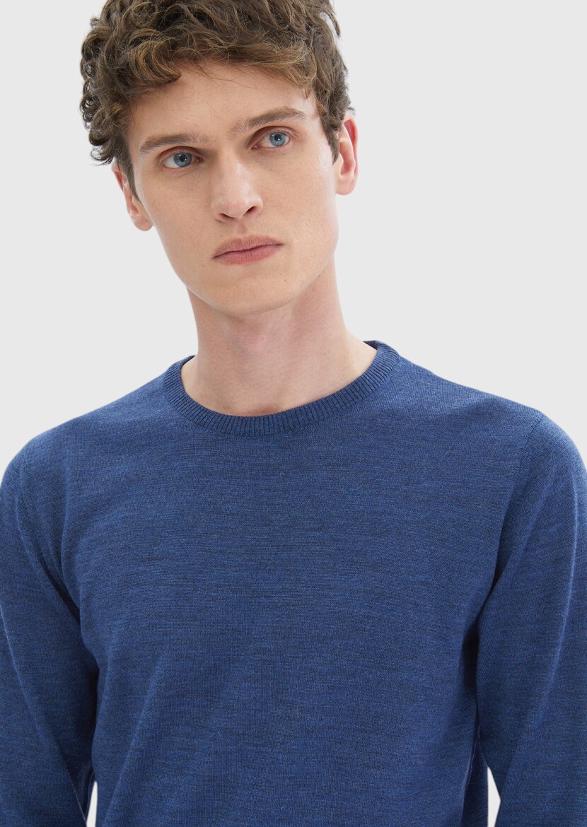 Mavi Bisiklet Yaka Düz Örgü %100 Yün Triko Kazak - 3