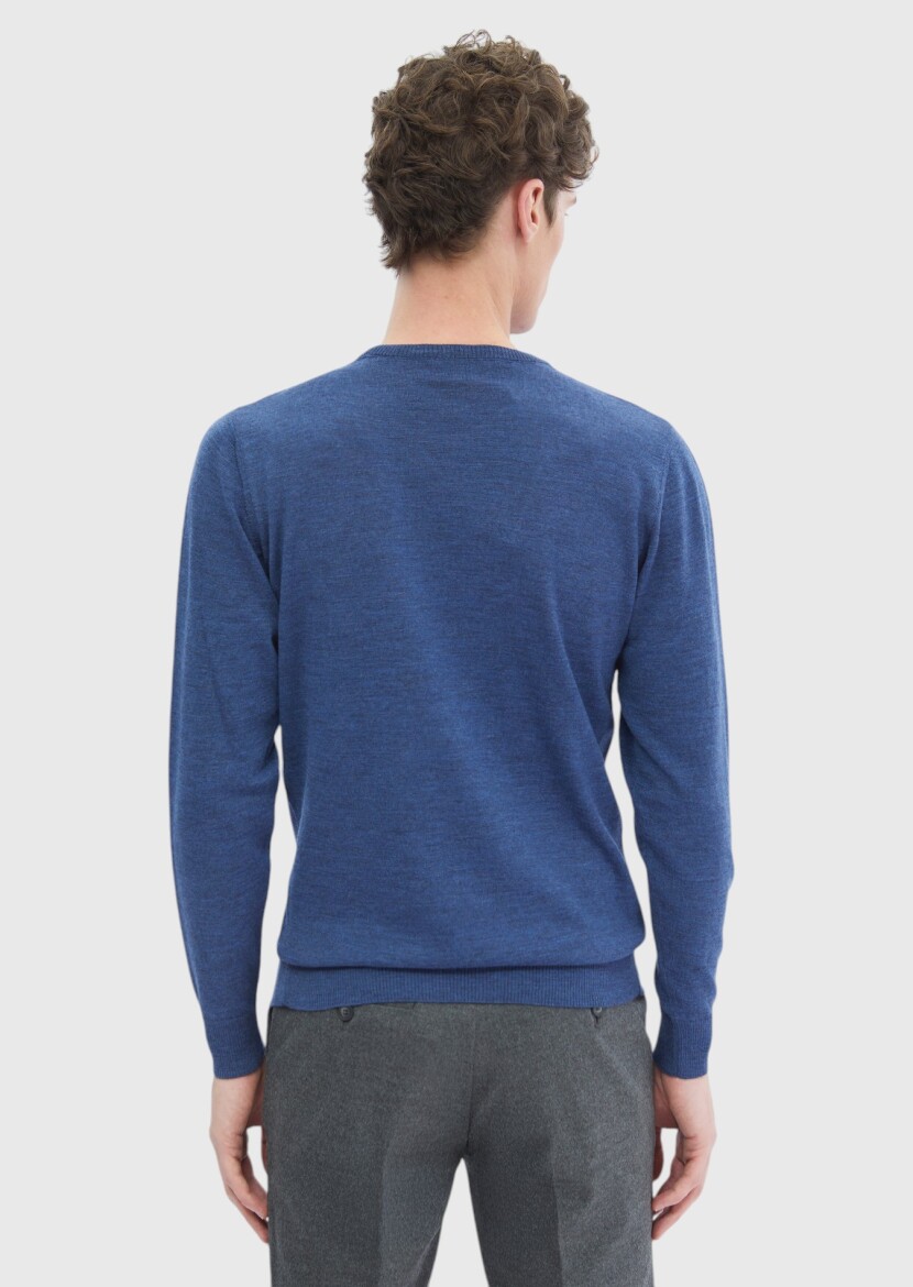 Mavi Bisiklet Yaka Düz Örgü %100 Yün Triko Kazak - 4