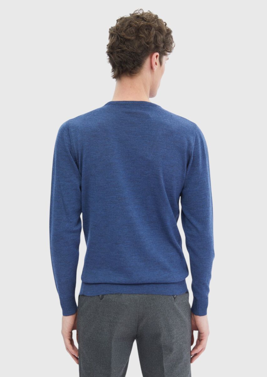 Mavi Bisiklet Yaka Düz Örgü %100 Yün Triko Kazak - 4