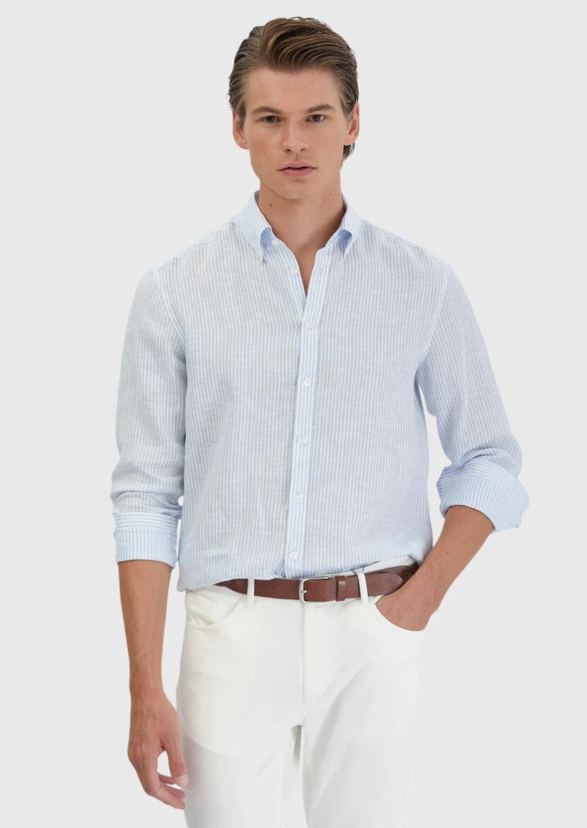 Mavi Çizgili Casual Fit Dokuma Casual %100 Keten Gömlek - 1