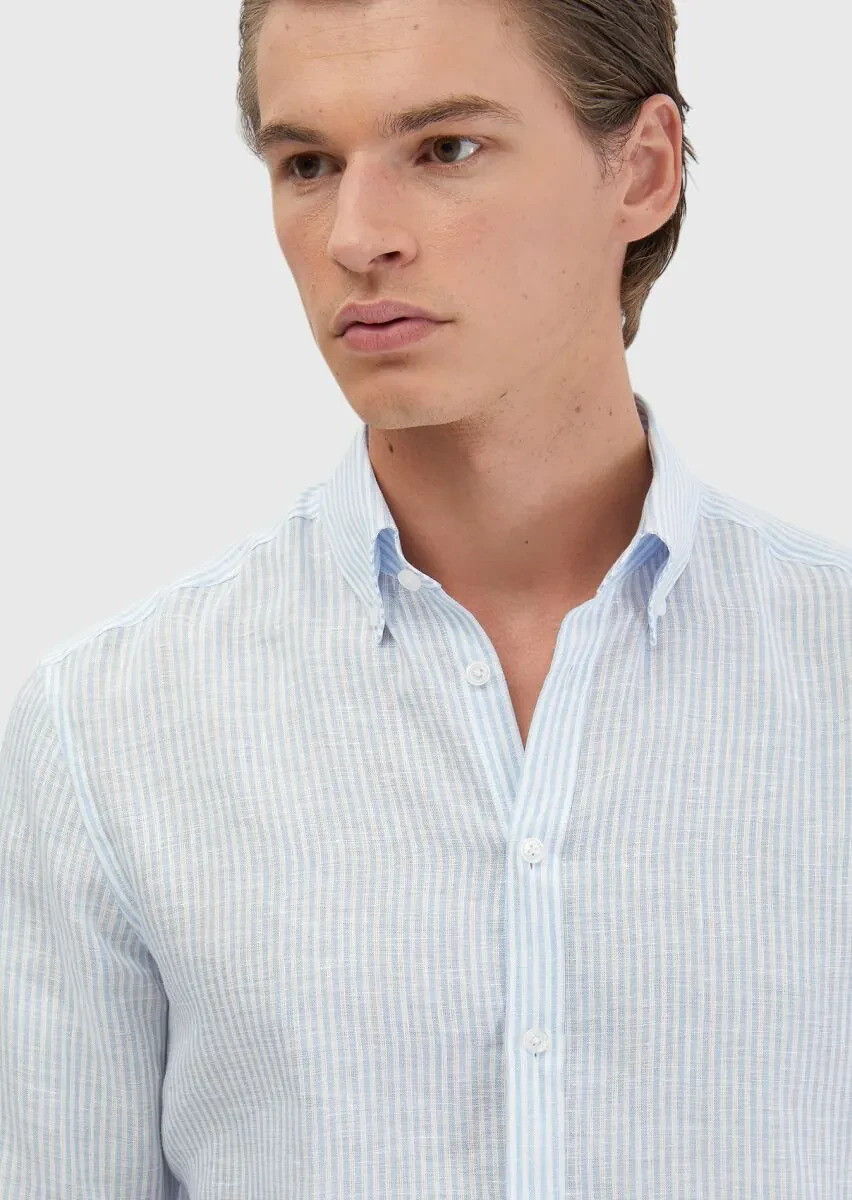 Mavi Çizgili Casual Fit Dokuma Casual %100 Keten Gömlek - 3