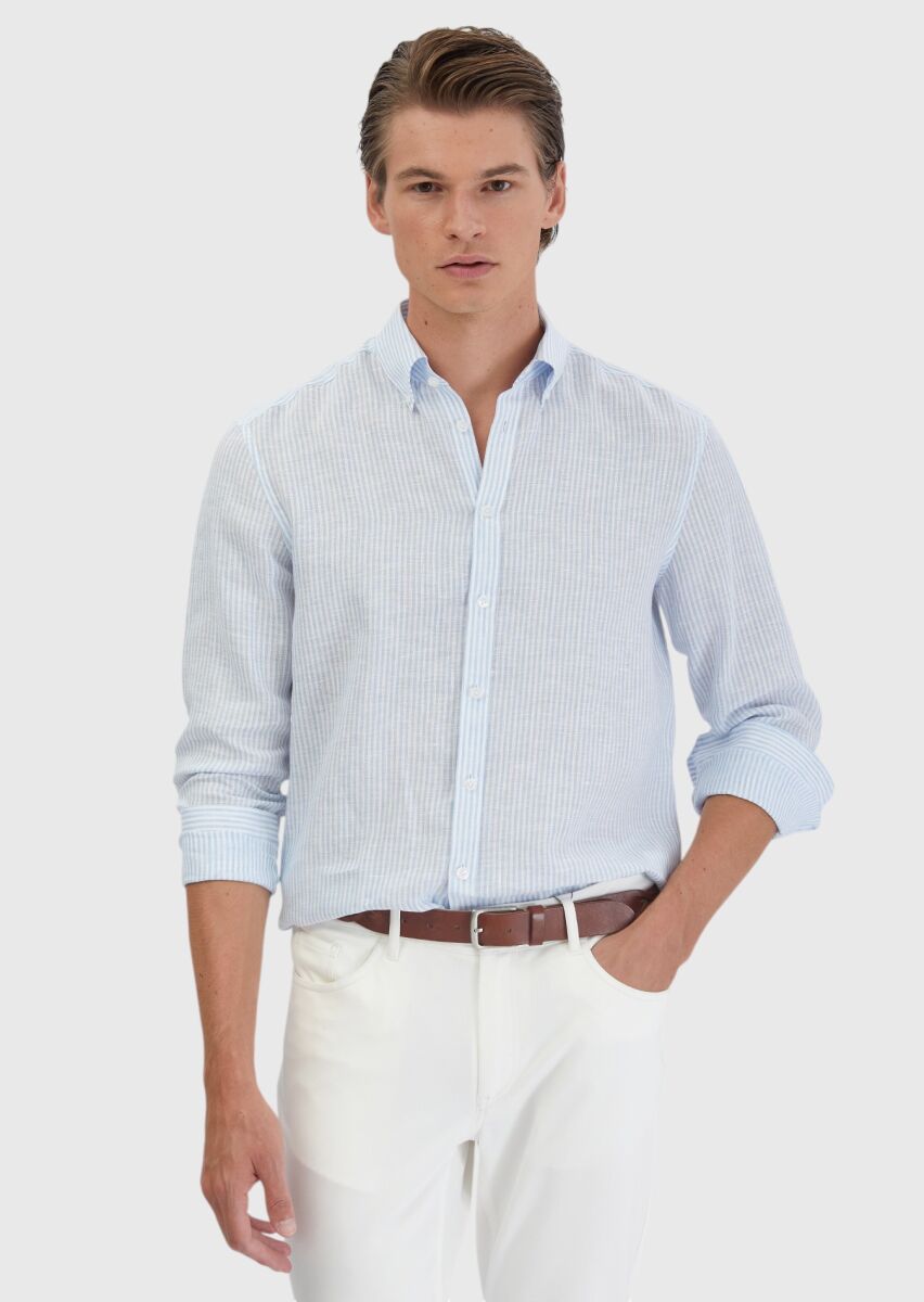 Mavi Çizgili Casual Fit Dokuma Casual %100 Keten Gömlek - 1