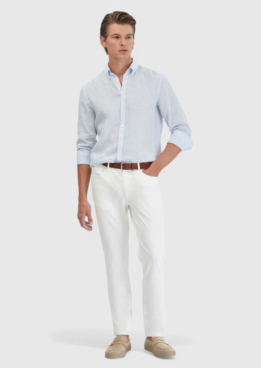 Mavi Çizgili Casual Fit Dokuma Casual %100 Keten Gömlek - 2