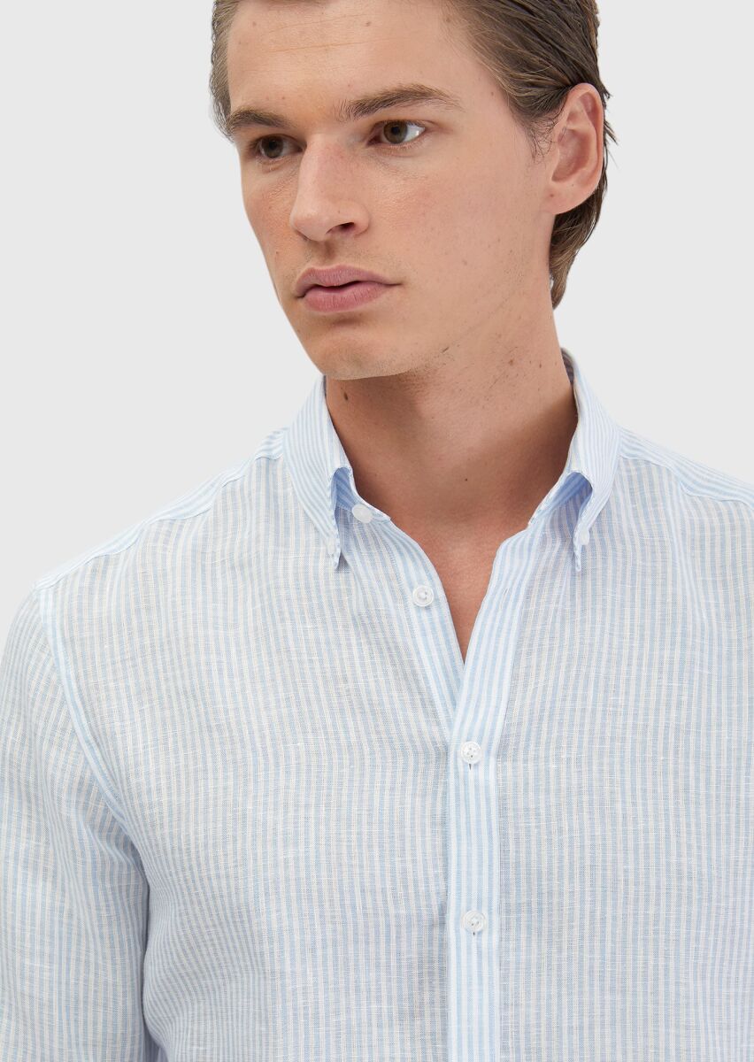 Mavi Çizgili Casual Fit Dokuma Casual %100 Keten Gömlek - 3
