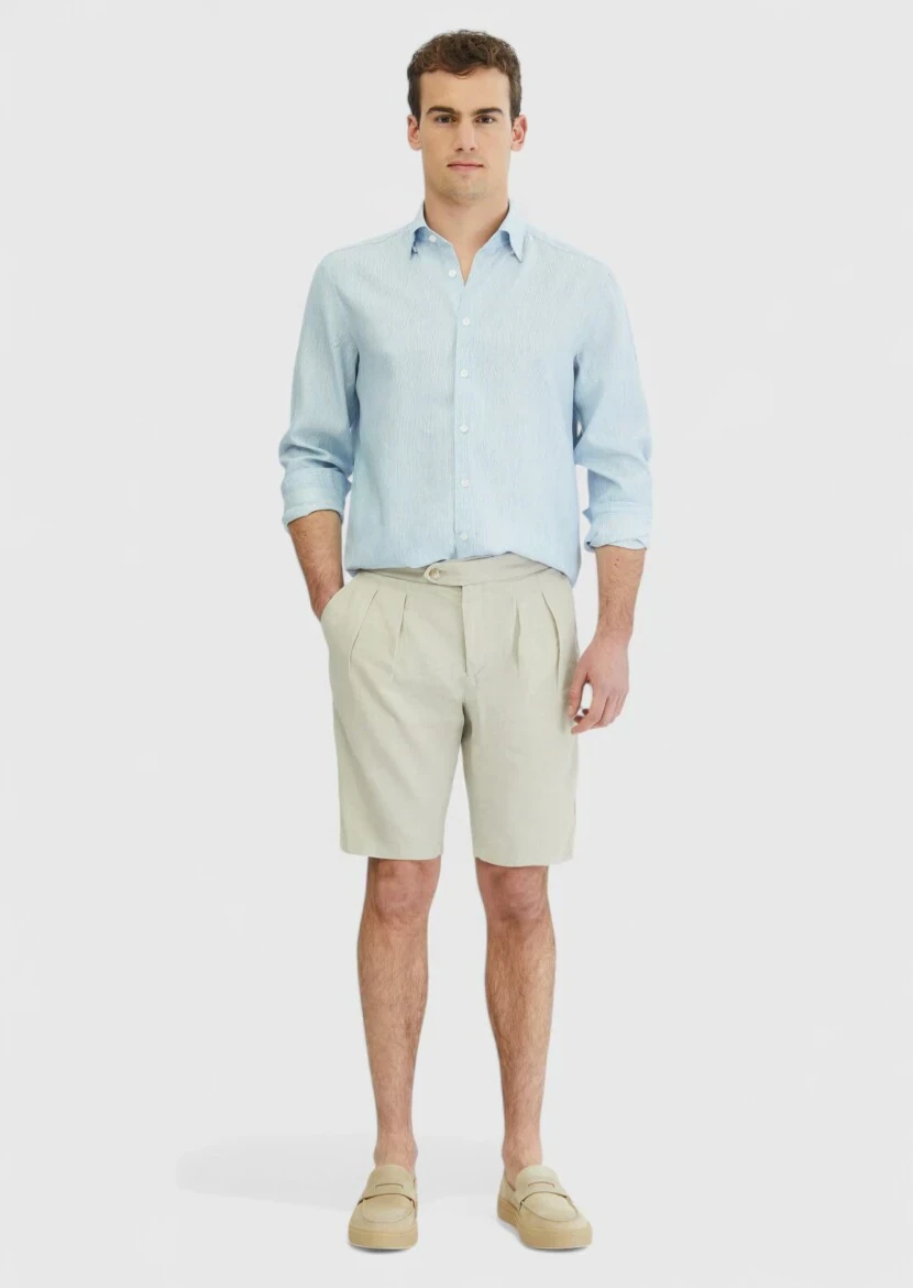 Mavi Çizgili Casual Fit Dokuma Casual Pamuk Karışımlı Gömlek 