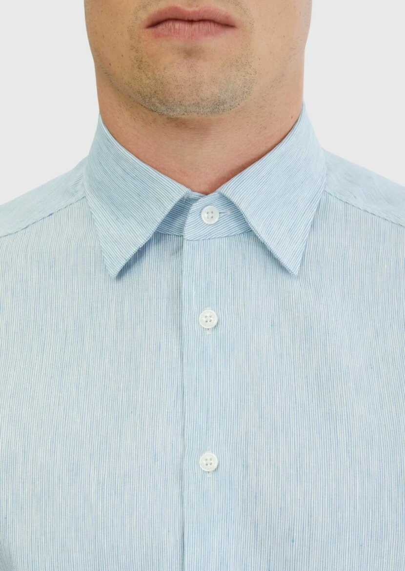 Mavi Çizgili Casual Fit Dokuma Casual Pamuk Karışımlı Gömlek - 5