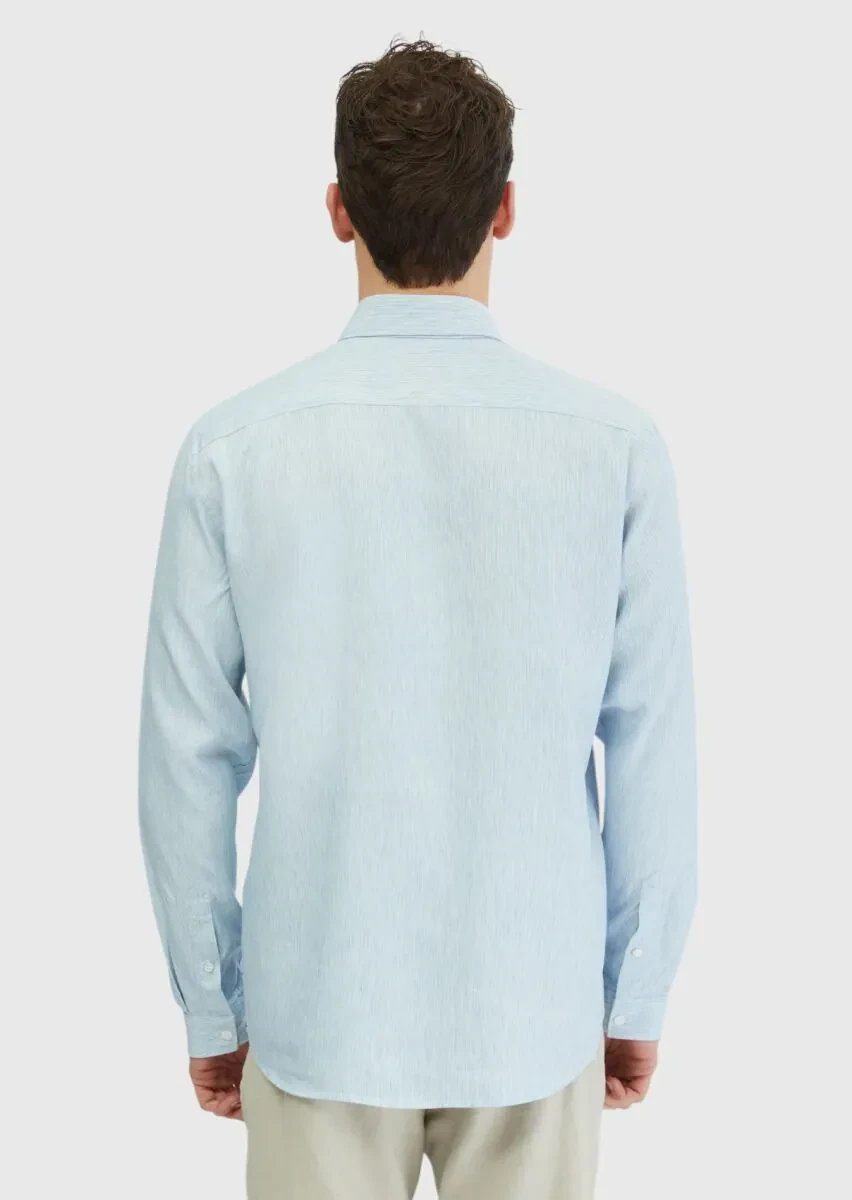 Mavi Çizgili Casual Fit Dokuma Casual Pamuk Karışımlı Gömlek - 6