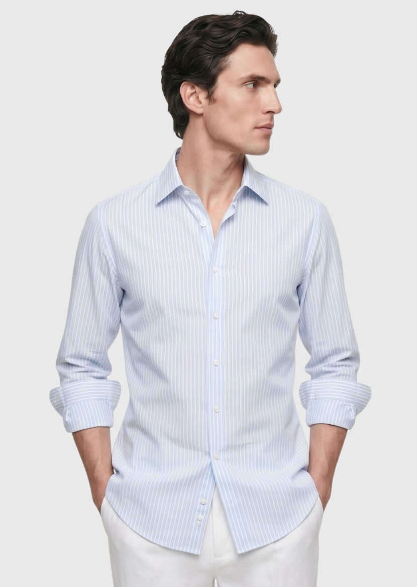 Mavi Çizgili Casual Fit Uzun Dokuma Casual Pamuk Karışımlı Gömlek - 1