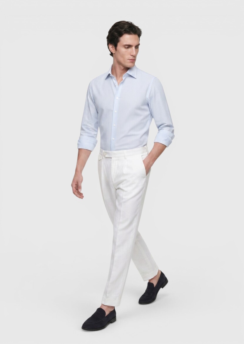 Mavi Çizgili Casual Fit Uzun Dokuma Casual Pamuk Karışımlı Gömlek - 2