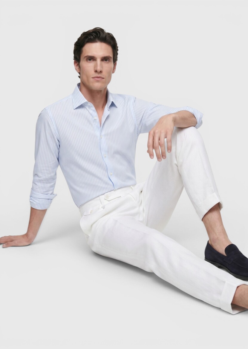 Mavi Çizgili Casual Fit Uzun Dokuma Casual Pamuk Karışımlı Gömlek - 4
