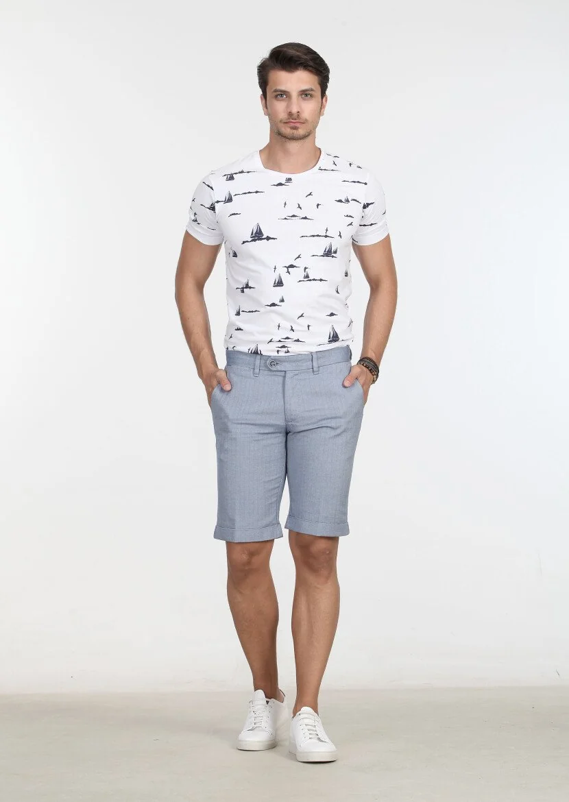 Mavi Çizgili Dokuma Regular Fit Casual %100 Pamuk Bermuda - 1