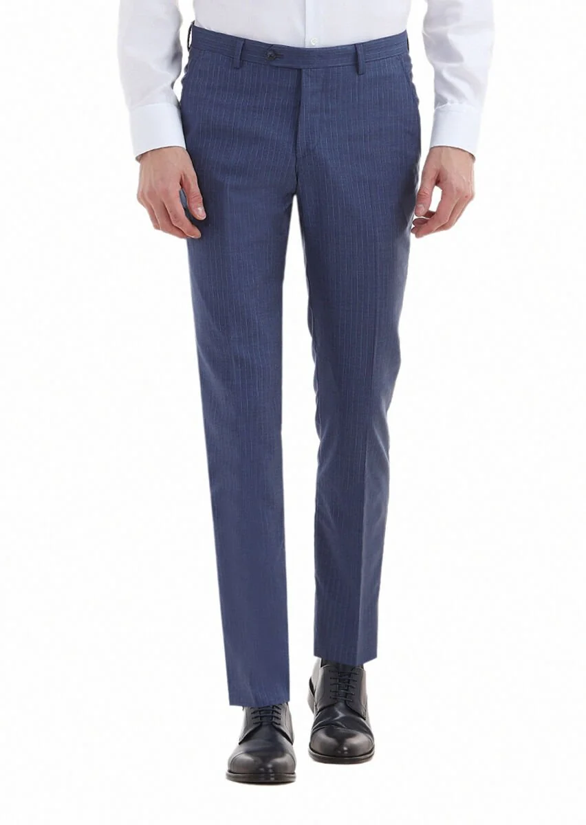 Mavi Çizgili Kumaş Modern Fit Klasik %100 Yün Pantolon - 2