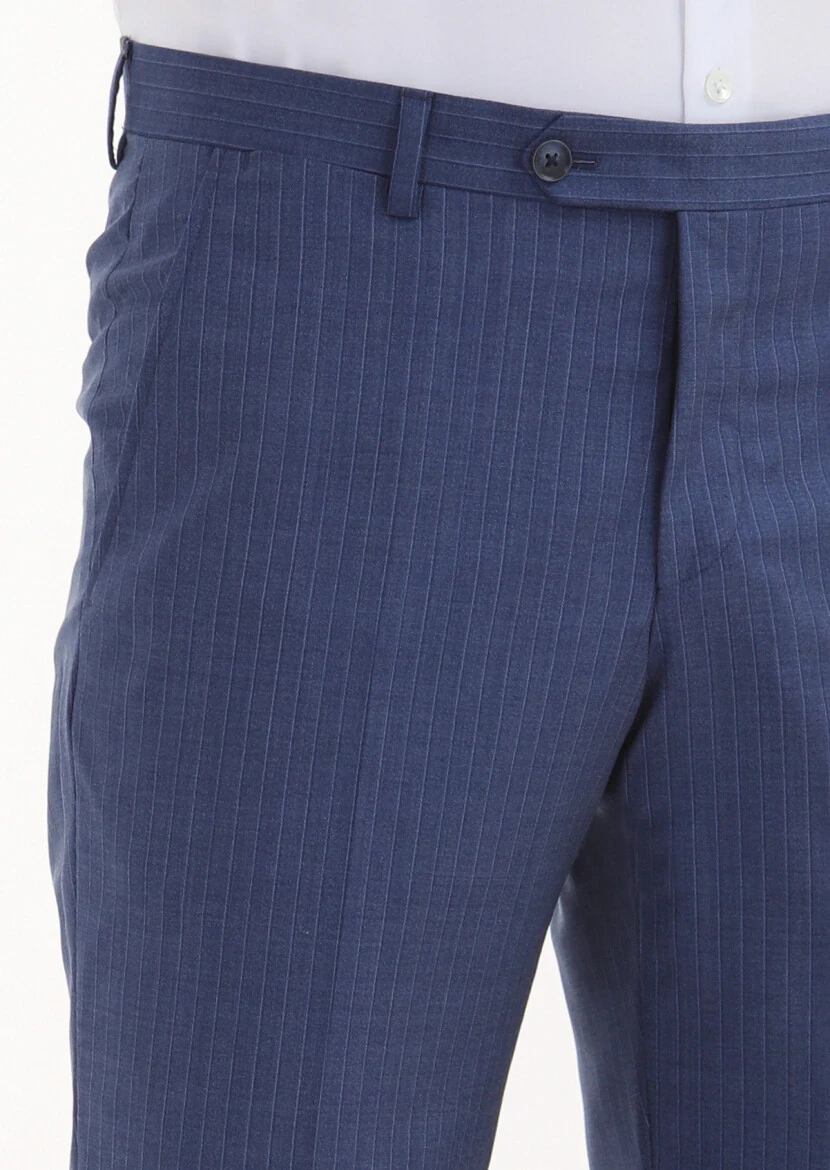 Mavi Çizgili Kumaş Modern Fit Klasik %100 Yün Pantolon - 3