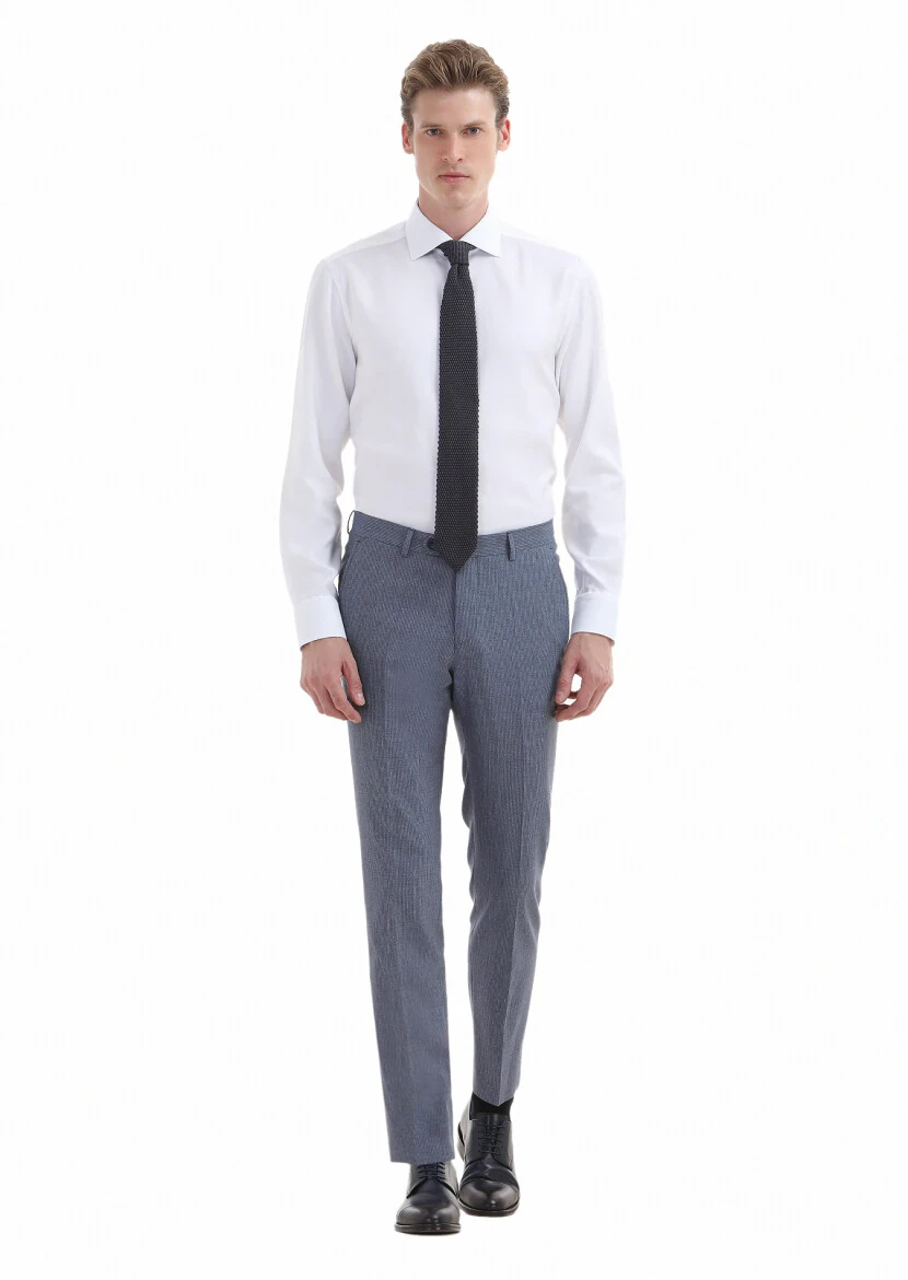 Mavi Çizgili Kumaş Modern Fit Klasik Yün Karışımlı Pantolon - 1
