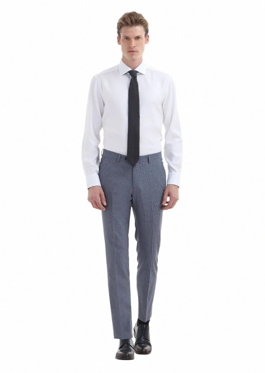 Mavi Çizgili Kumaş Modern Fit Klasik Yün Karışımlı Pantolon - 1