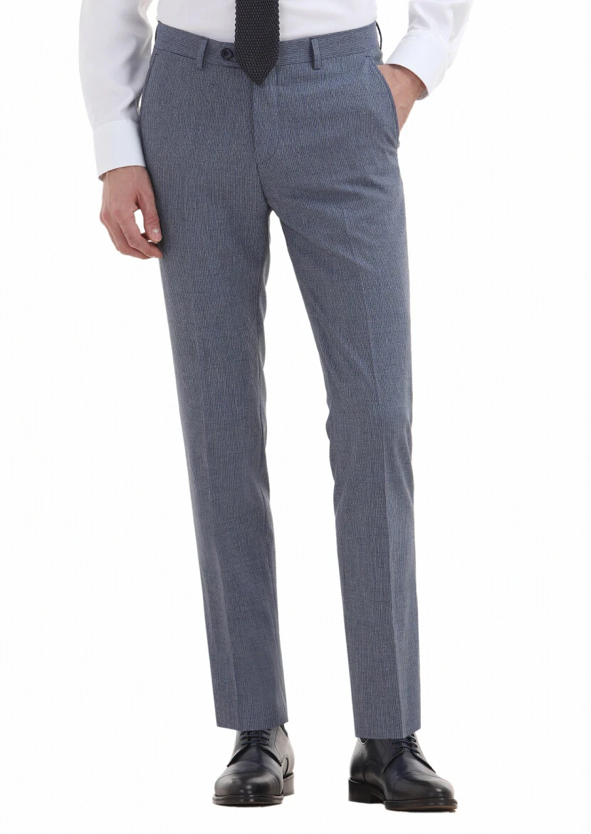 Mavi Çizgili Kumaş Modern Fit Klasik Yün Karışımlı Pantolon - 2