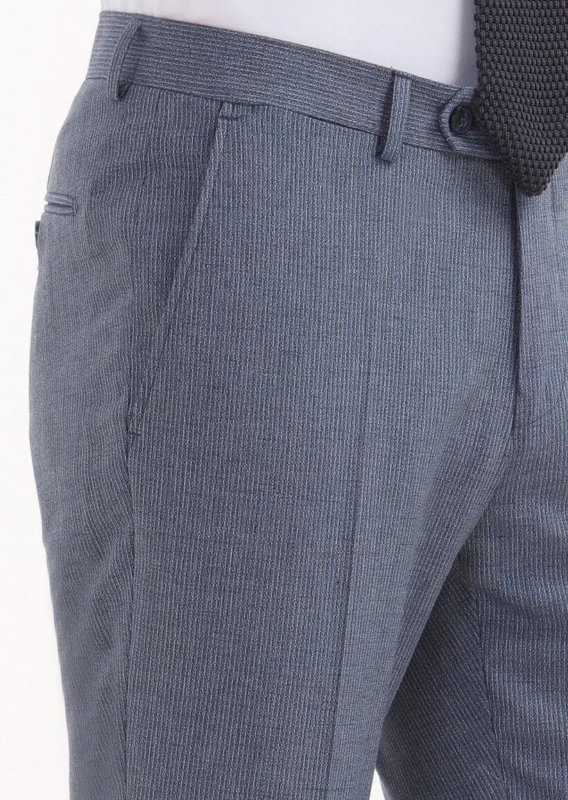 Mavi Çizgili Kumaş Modern Fit Klasik Yün Karışımlı Pantolon - 3