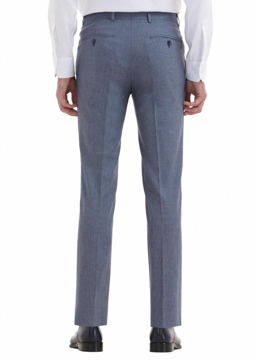 Mavi Çizgili Kumaş Modern Fit Klasik Yün Karışımlı Pantolon - 4