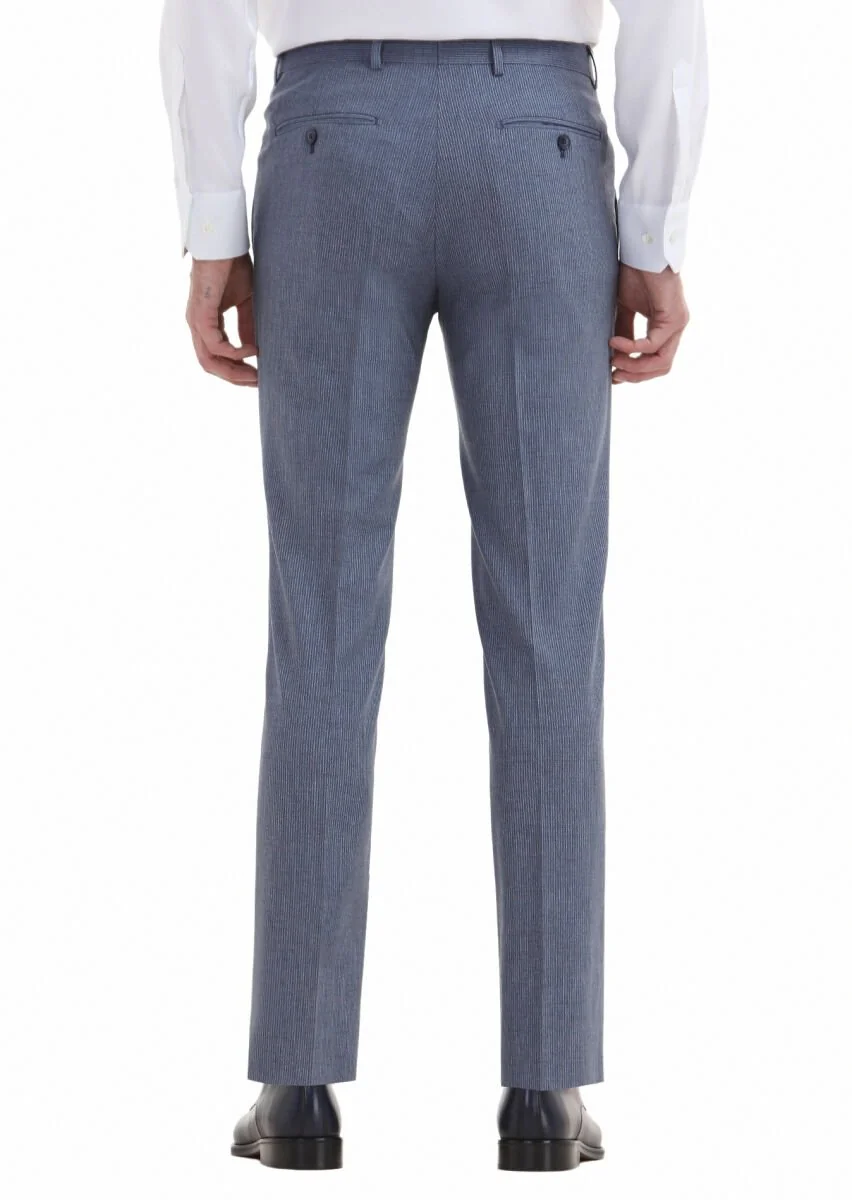 Mavi Çizgili Kumaş Modern Fit Klasik Yün Karışımlı Pantolon - 4